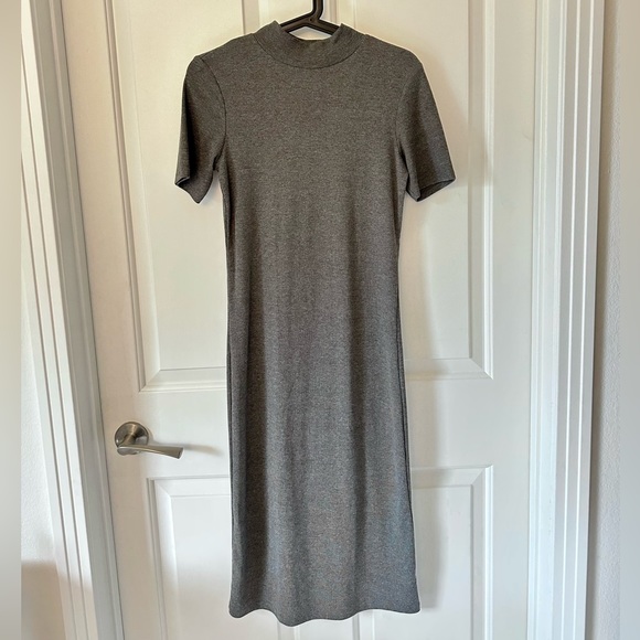 NEW ZARA Ribbed Stretchy Grey Dress Midi High Collar Turtleneck Basic - Picture 3 of 4